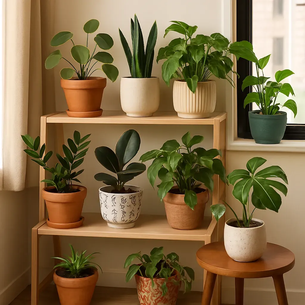 A stylish indoor plant display mixing budget and boutique pots in a small apartment setting