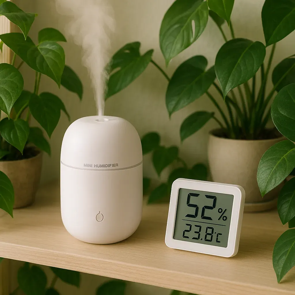 Mini ultrasonic humidifier and digital hygrometer on a shelf surrounded by healthy houseplants
