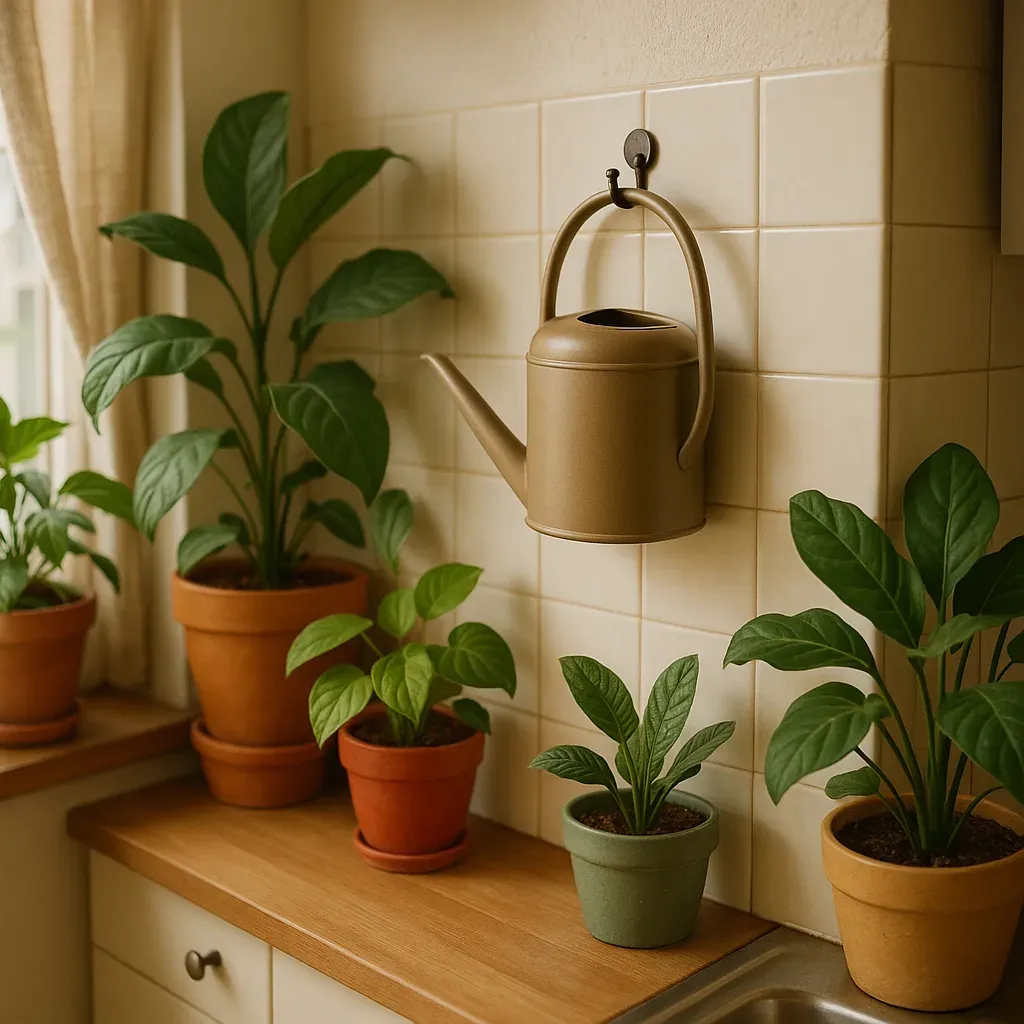 A compact watering can hanging from a wall hook in a small apartment kitchen, surrounded by potted plants