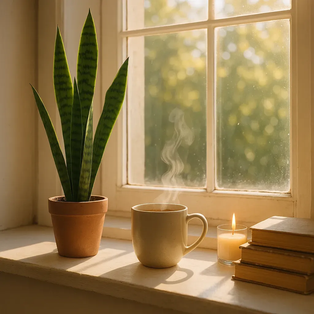 A bright windowsill styled with a snake plant, a mug, a candle, and a small stack of books, creating a cozy retreat