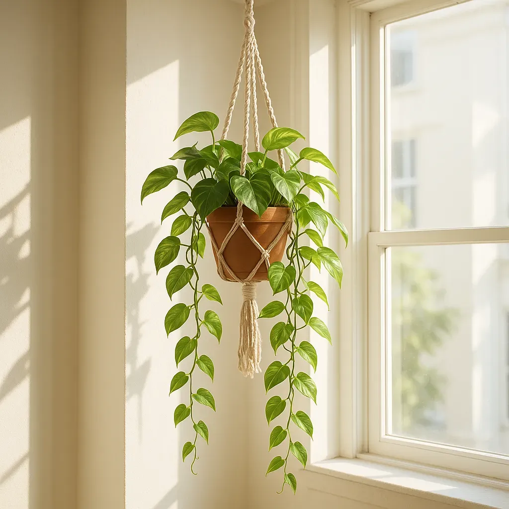 Trailing pothos plant in a macrame hanger, cascading down in a bright apartment corner