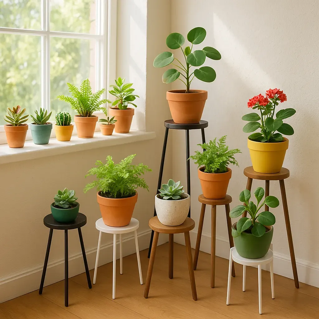 A bright windowsill and corner filled with various small plant stands, showcasing creative plant arrangements in a small space